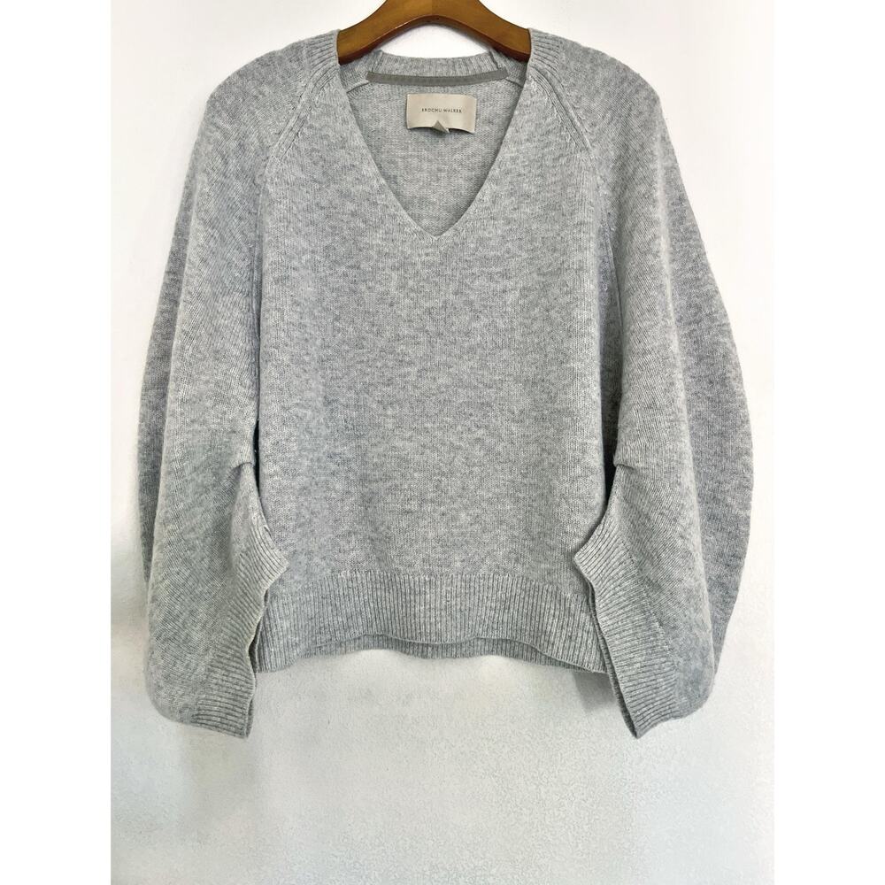 Brochu Walker Sweater Womens S Gray Wool Cashmere V Neck Balloon Sleeve Knit